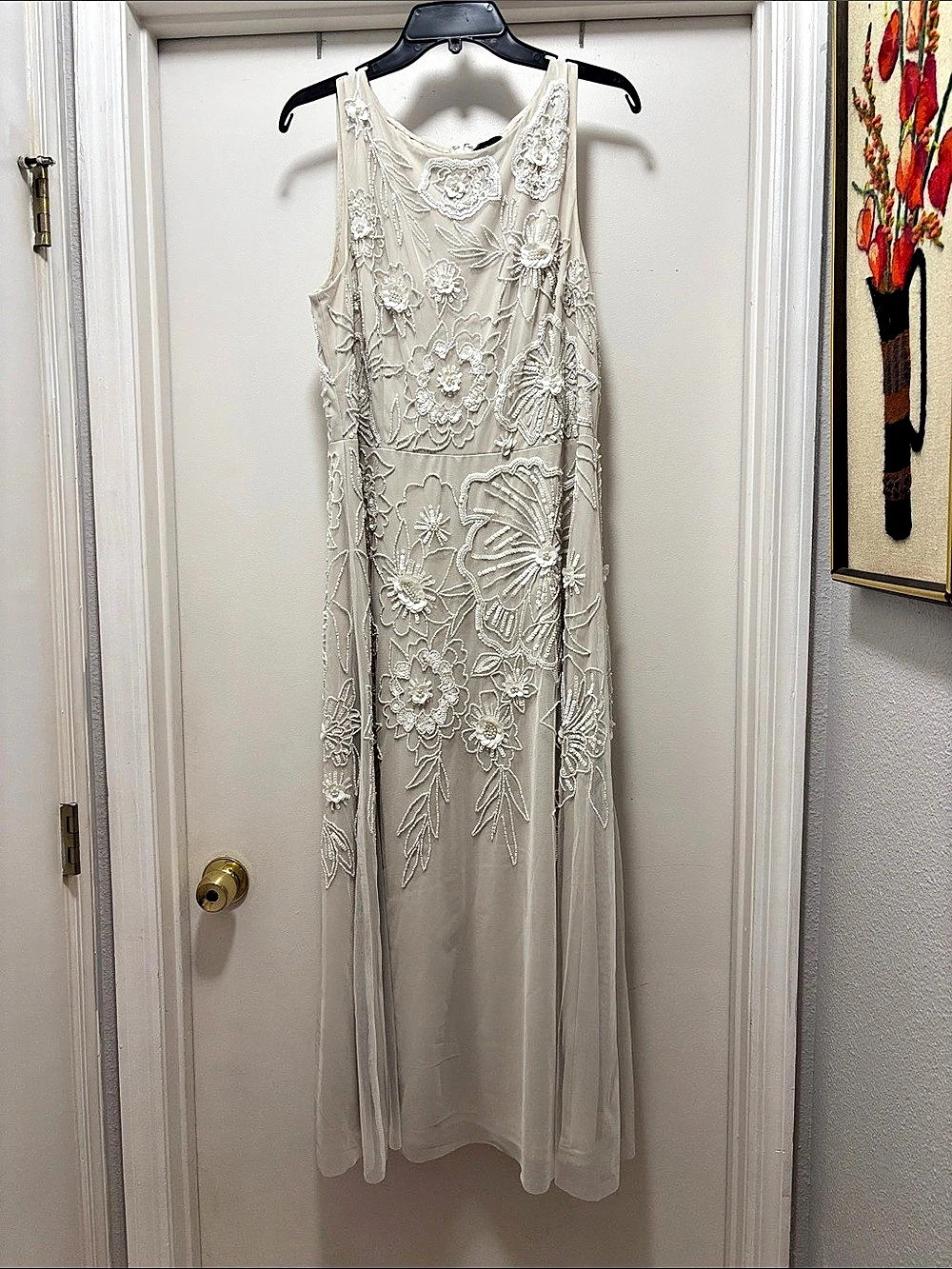 Adrianna Papell Floral Embellished Maxi Dress in White Size 16 Like New